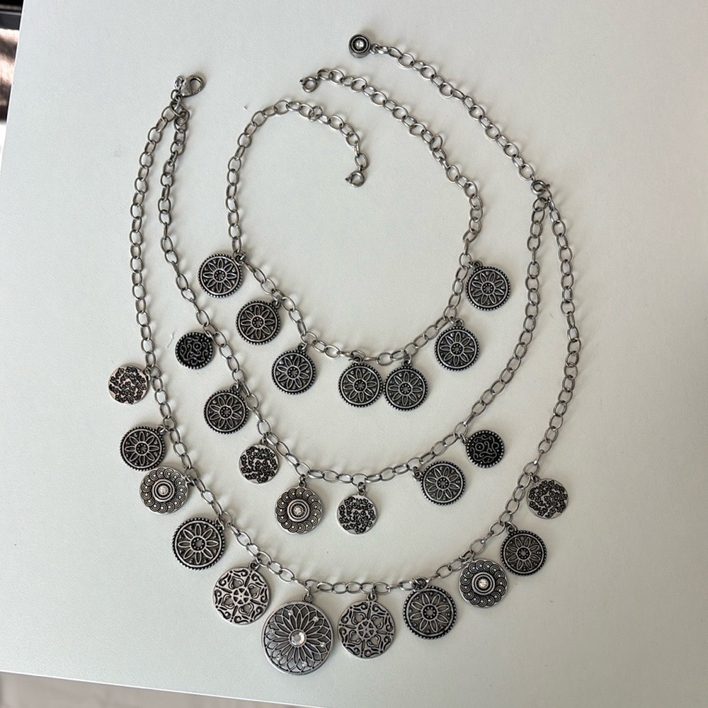 Premier Designs Bohemian Silver Layered Necklace with Medallion Charms